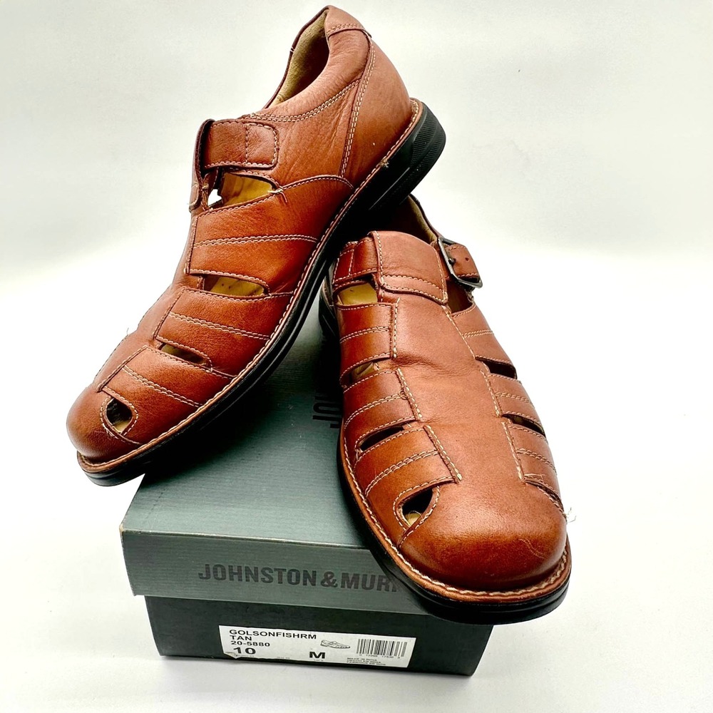 Johnston & Murphy Golson Fisherman Sandals Men's 10M • Brown Leather • With Box
